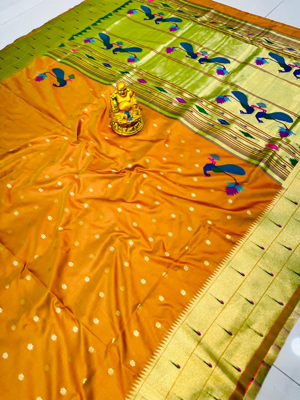 Gratifying Mustard Paithani Silk Saree With Brood Blouse Piece