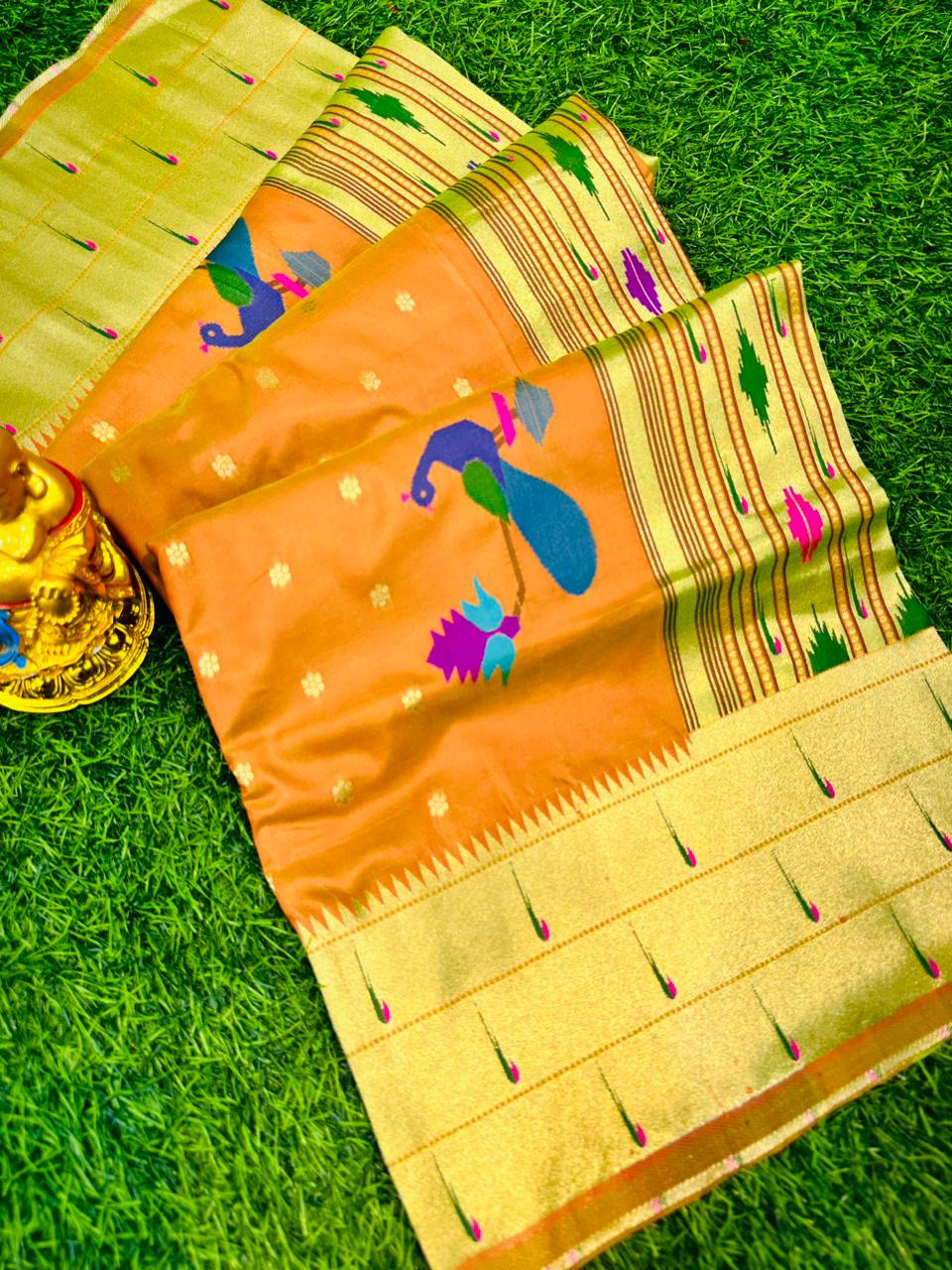 Gratifying Mustard Paithani Silk Saree With Brood Blouse Piece