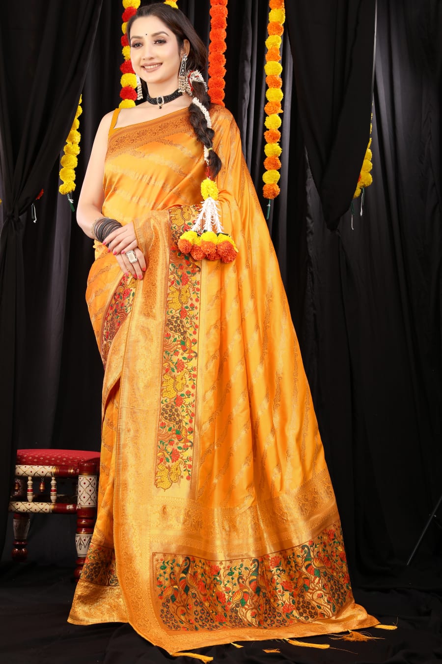 Elegant Mustard Banarasi Silk Saree With Amazing Blouse Piece