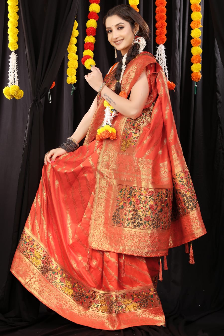 Extraordinary Orange Banarasi Silk Saree With Sophisticated Blouse Piece