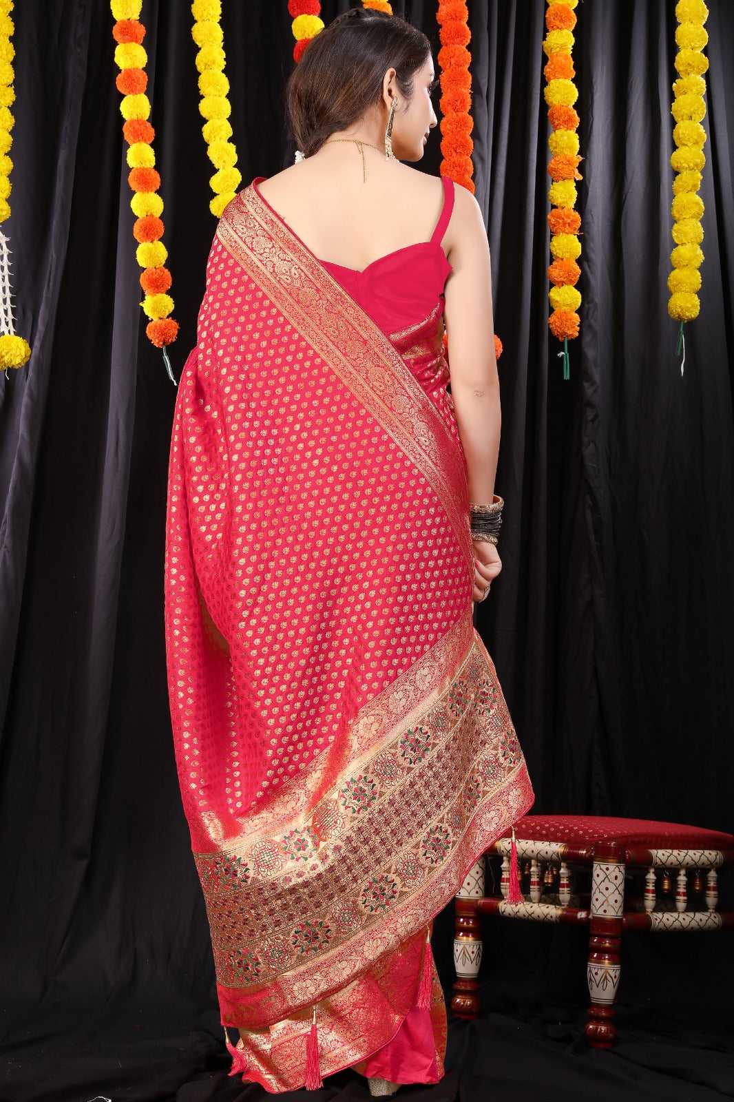 Gorgeous Dark Pink Banarasi Silk Saree With Stylish Blouse Piece