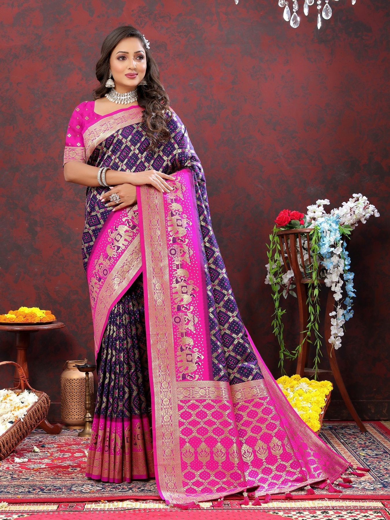 Beautiful Navy Blue Patola Silk Saree with Cynosure Blouse Piece