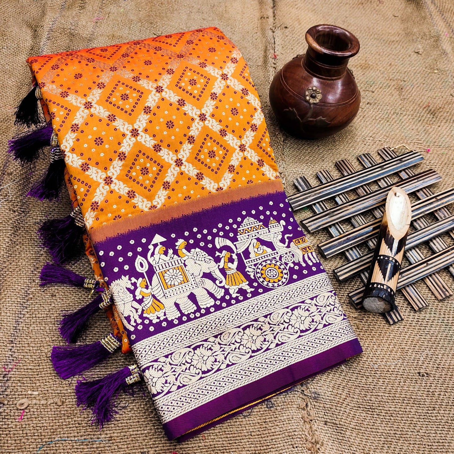 Desiring Orange Patola Silk Saree with Rhapsody Blouse Piece