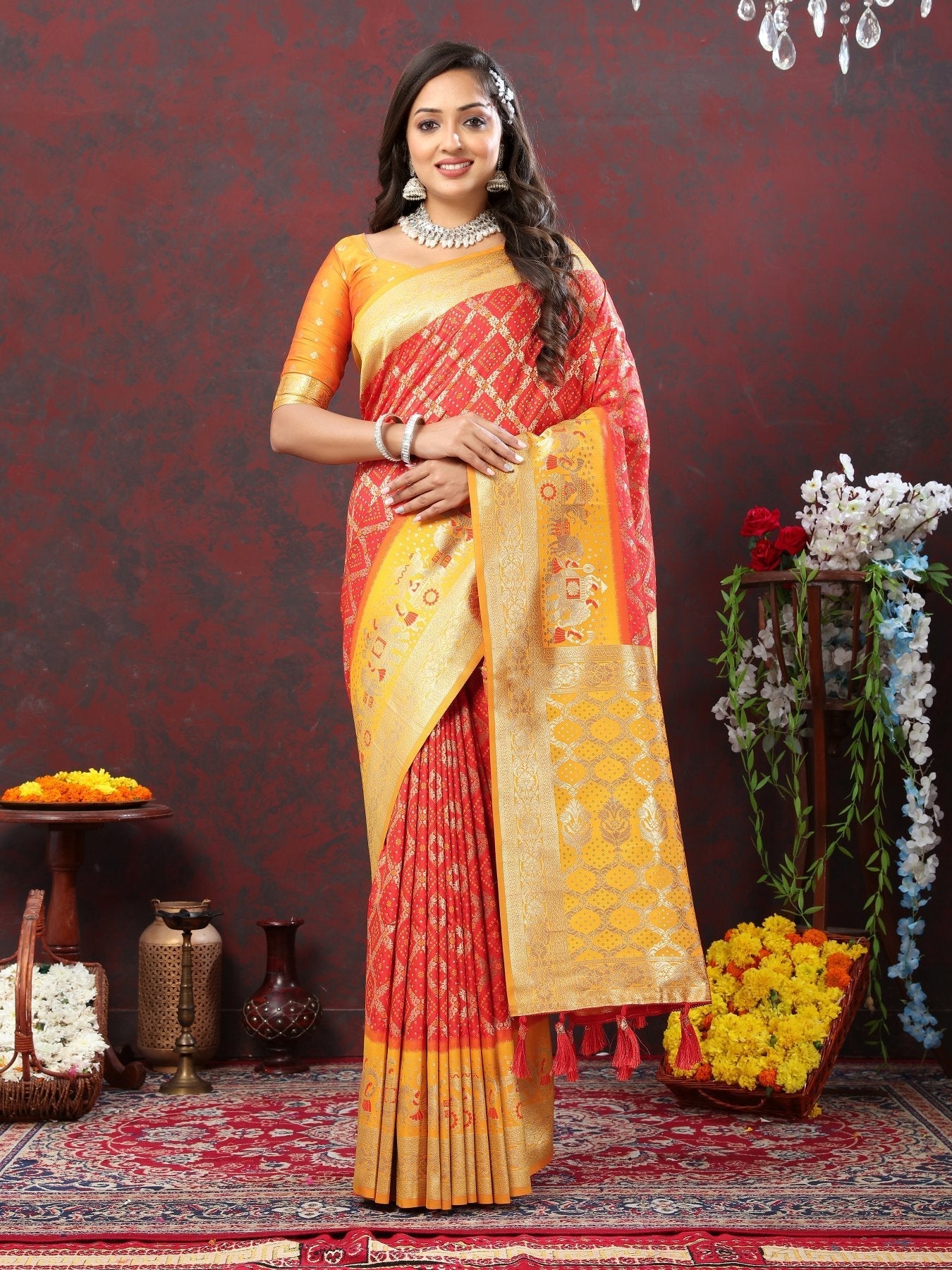 Groovy Red Patola Silk Saree with Scintillating Blouse Piece