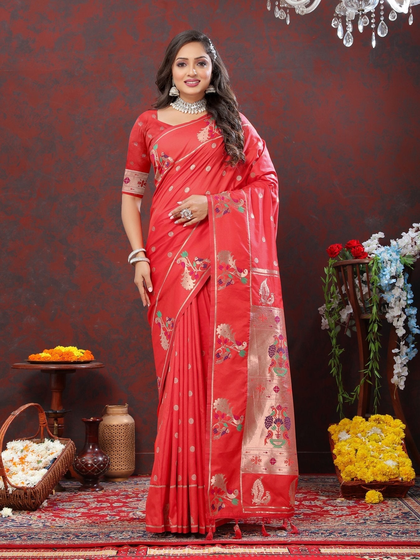 Exuberant Red Paithani Silk Saree With Lustrous Blouse Piece