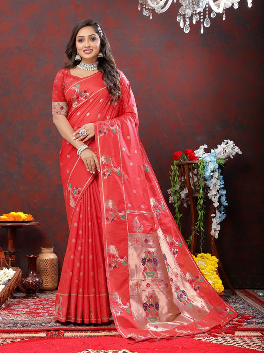 Exuberant Red Paithani Silk Saree With Lustrous Blouse Piece