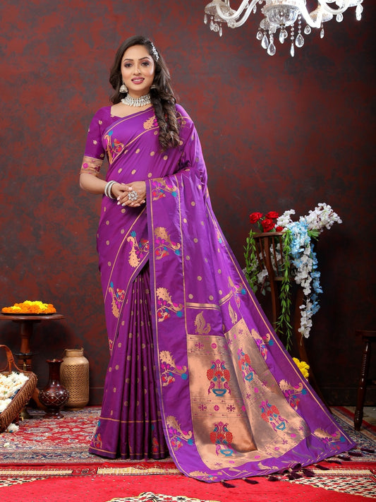 Panoply Wine Paithani Silk Saree With Vibrant Blouse Piece