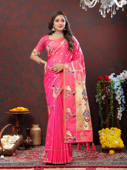 Exuberant Light Pink Paithani Silk Saree With Quixotic Blouse Piece