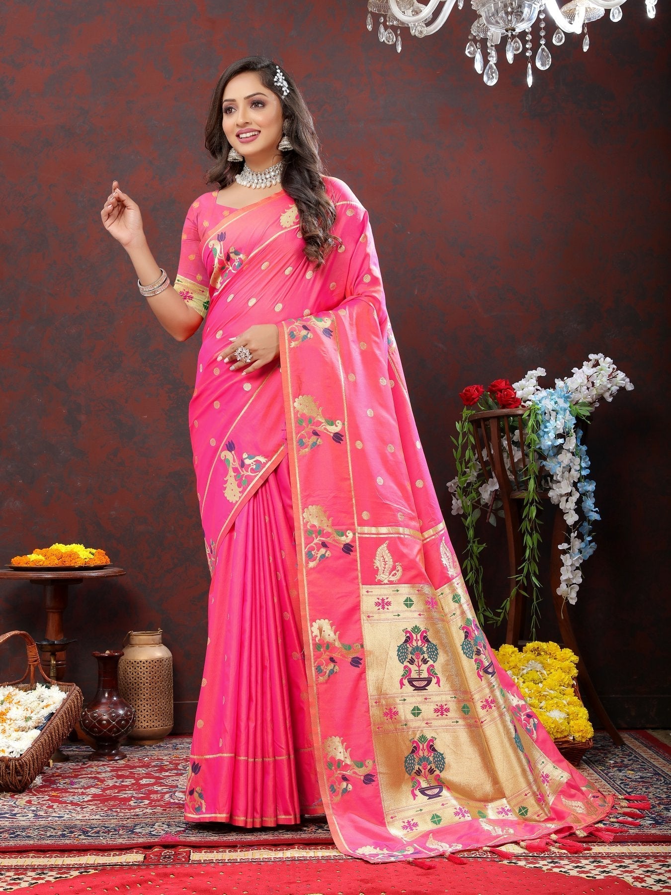 Exuberant Light Pink Paithani Silk Saree With Quixotic Blouse Piece