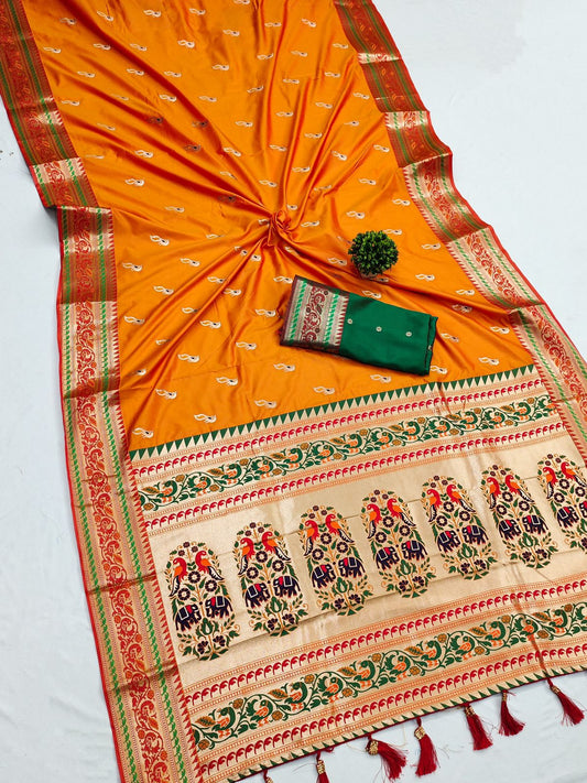 Ailurophile Orange Paithani Silk Saree With Embrocation Blouse Piece