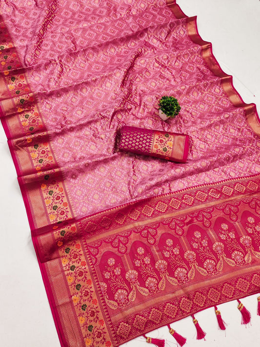 Ethnic Pink Soft Banarasi Silk Saree With Preferable Blouse Piece