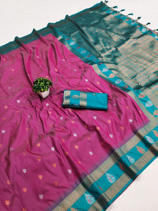 Blooming Dark Pink Soft Banarasi Silk Saree With Ravishing Blouse Piece