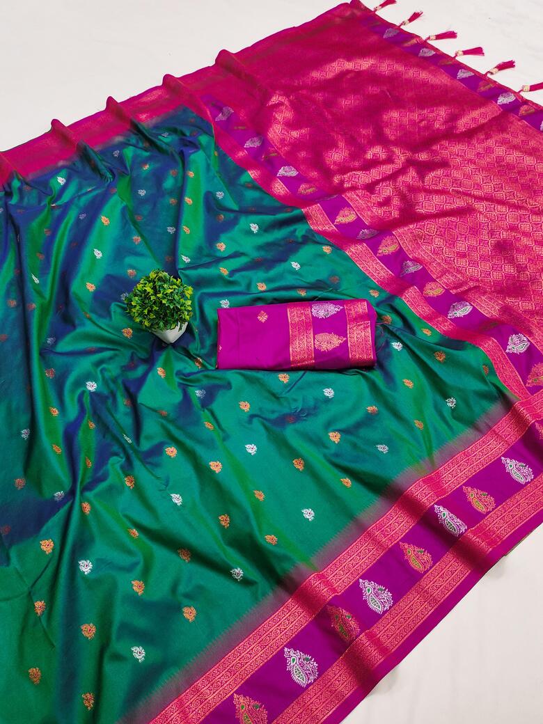 Desuetude Rama Soft Banarasi Silk Saree With Ephemeral Blouse Piece