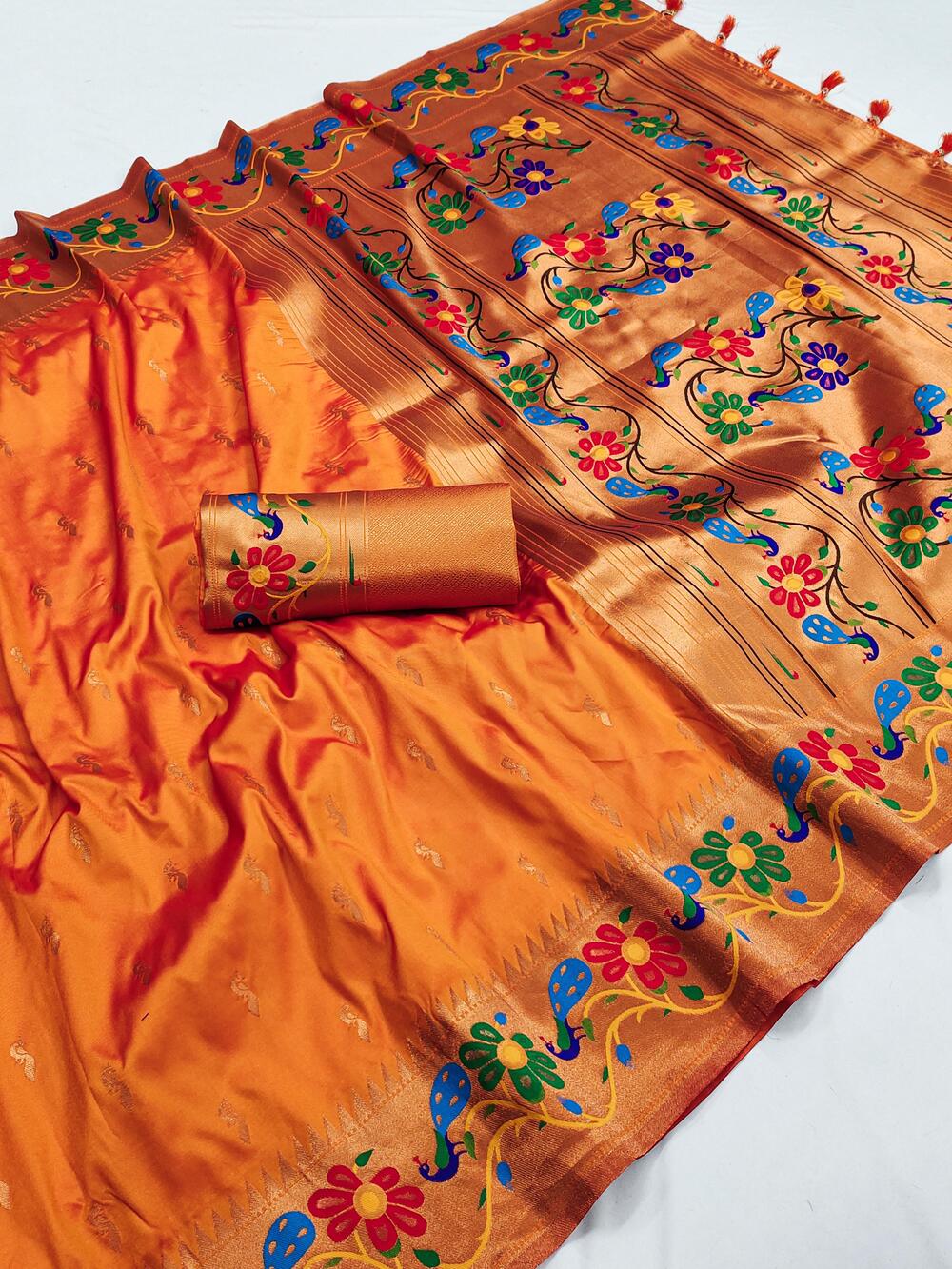 Adoring Orange Paithani Silk Saree With Ailurophile Blouse Piece