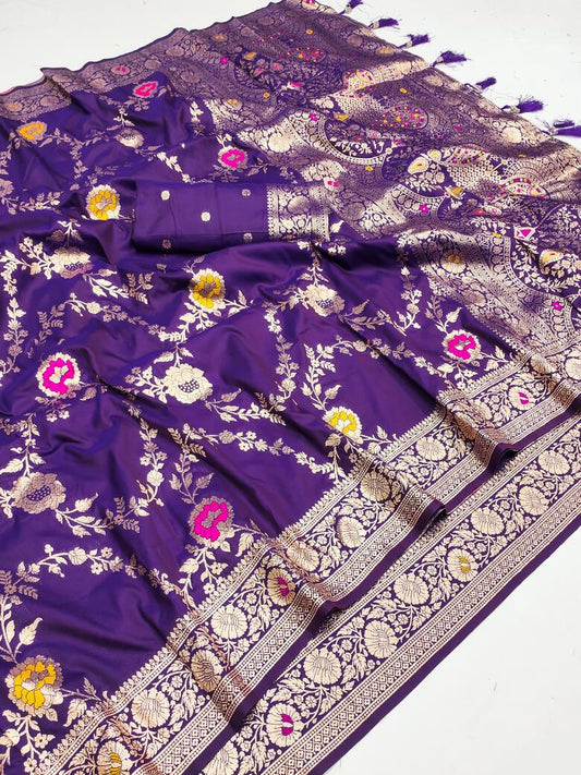 Demesne Purple Soft Banarasi Silk Saree With Palimpsest Blouse Piece