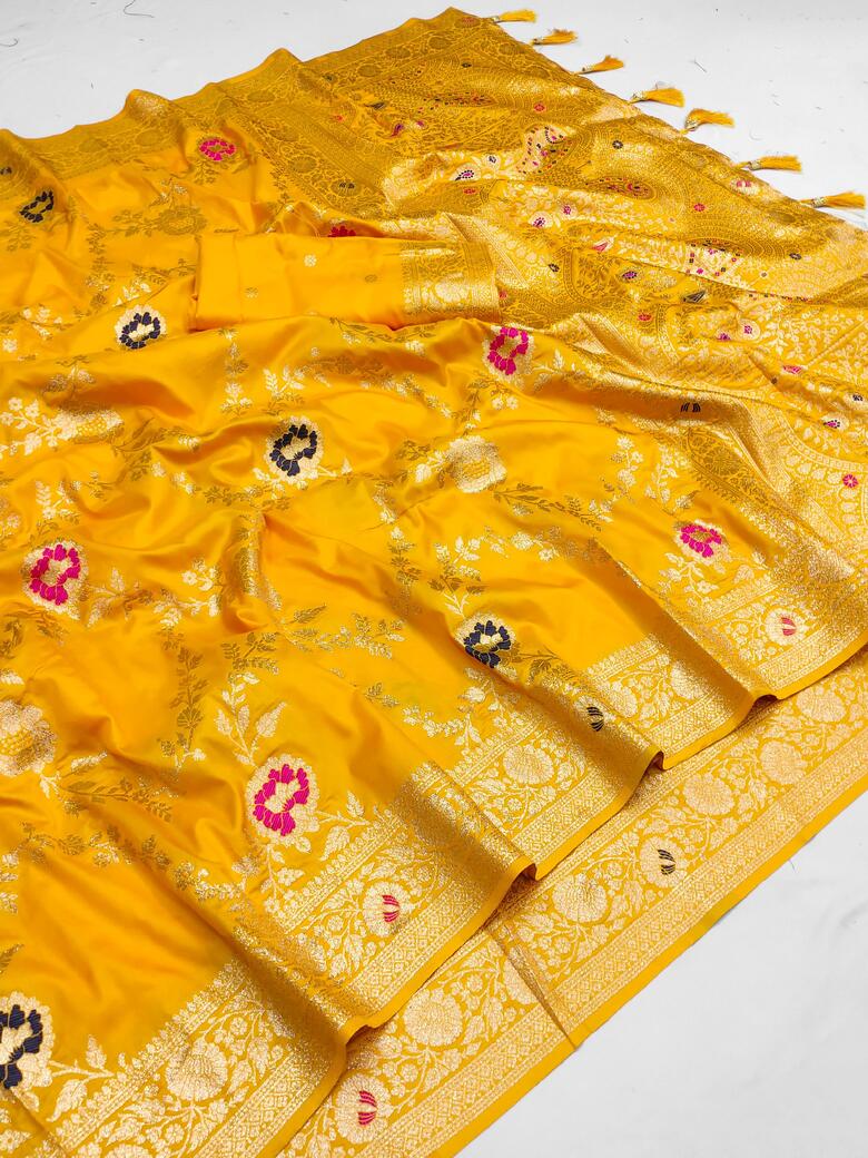 Nectarous Yellow Soft Banarasi Silk Saree With Seraphic Blouse Piece