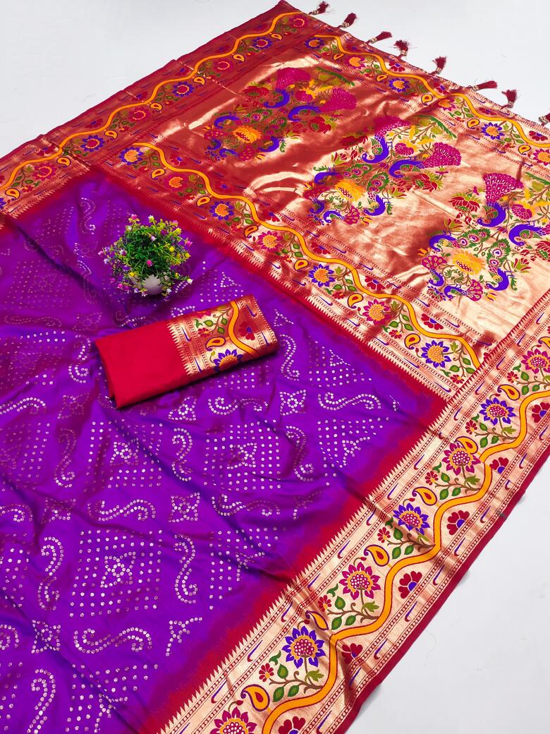 Exuberant Purple Paithani Silk Saree With Tremendous Blouse Piece