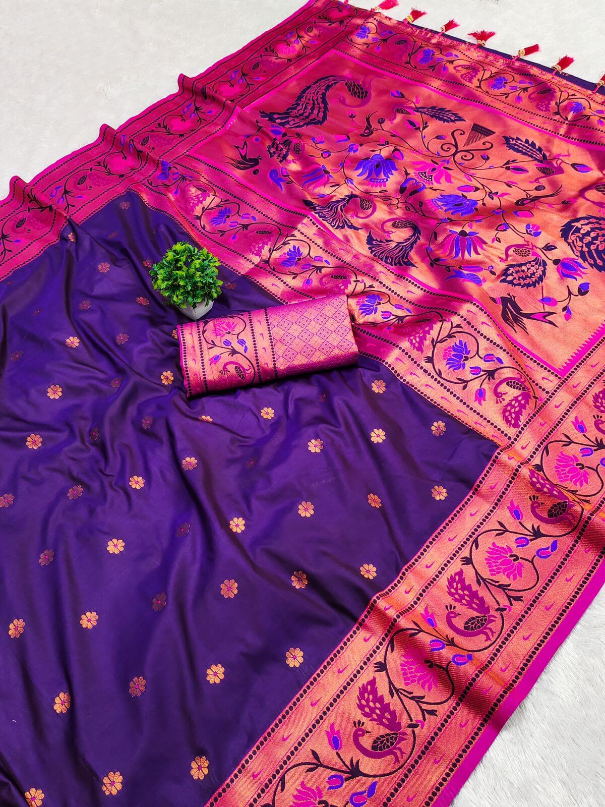 Adorable Purple Paithani Silk Saree With Ravishing Blouse Piece