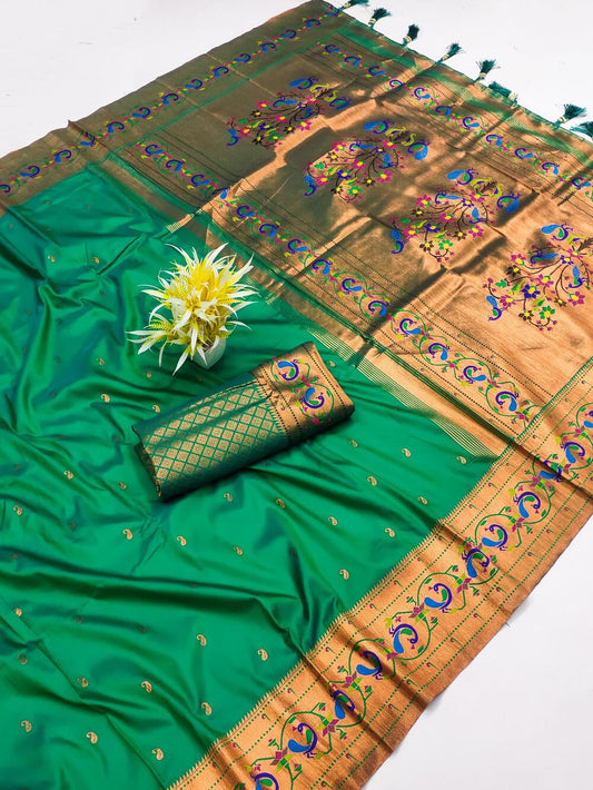 Exceptional Green Paithani Silk Saree With Twirling Blouse Piece