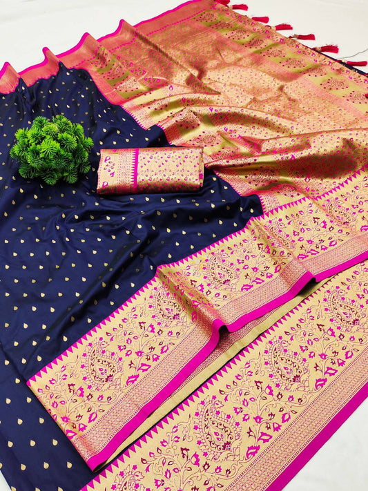 Adorable Navy Blue Soft Banarasi Silk Saree With Radiant Blouse Piece