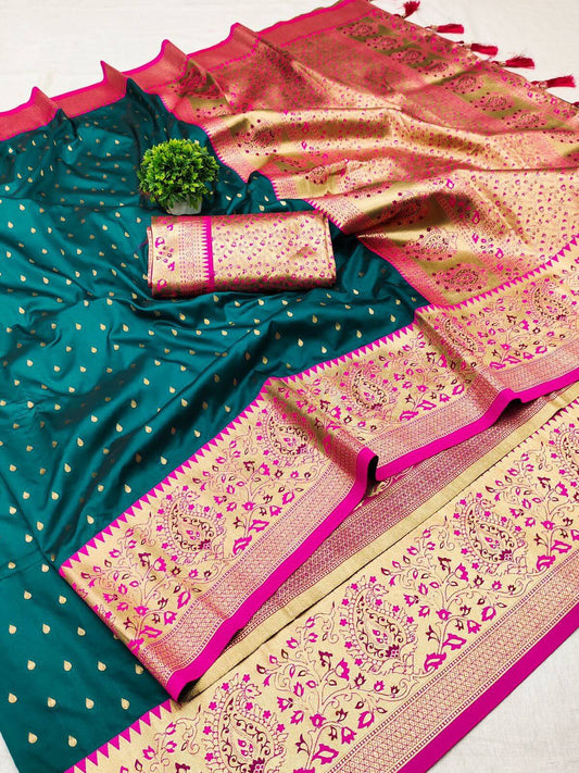 Hypnotic Rama Soft Banarasi Silk Saree With Intricate Blouse Piece