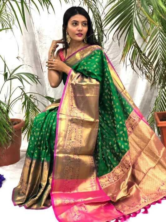 Cynosure Green Banarasi Silk Saree With Rich Blouse Piece