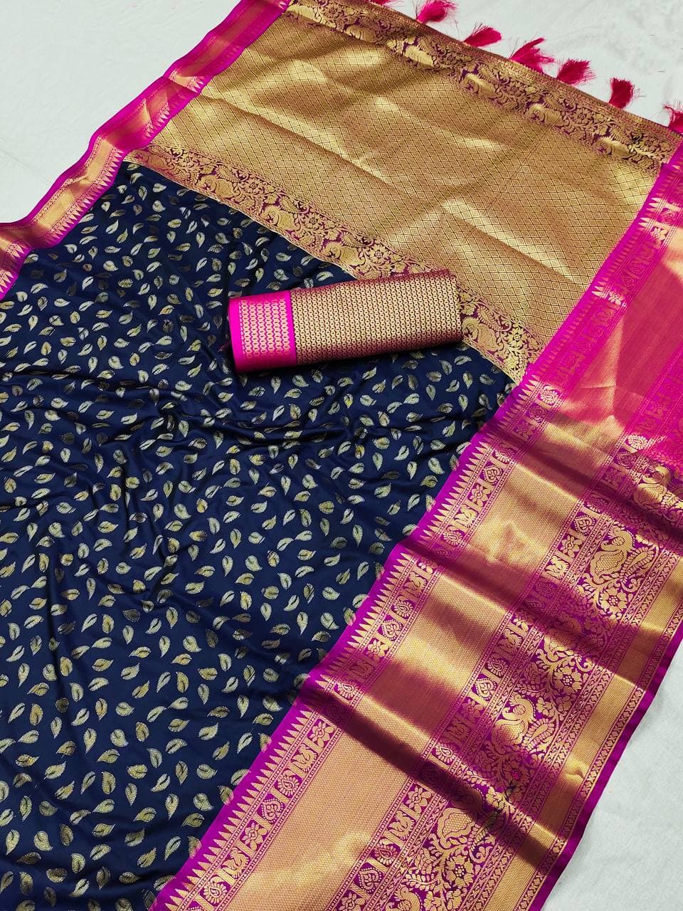 Dalliance Navy Blue Banarasi Silk Saree With Rich Blouse Piece