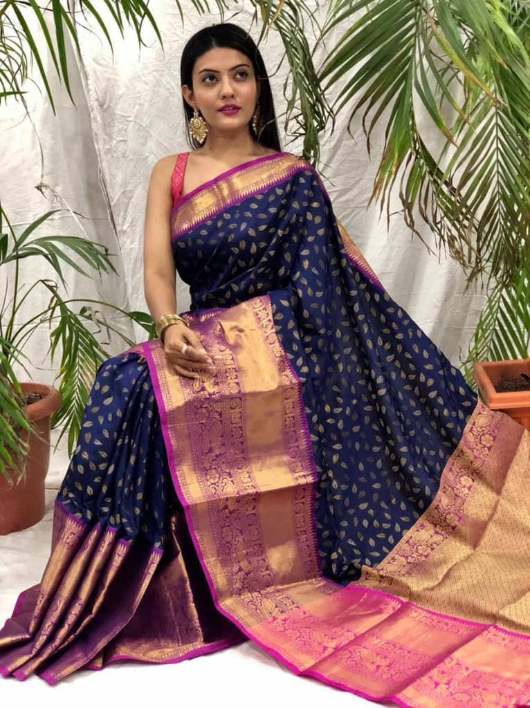 Dalliance Navy Blue Banarasi Silk Saree With Rich Blouse Piece