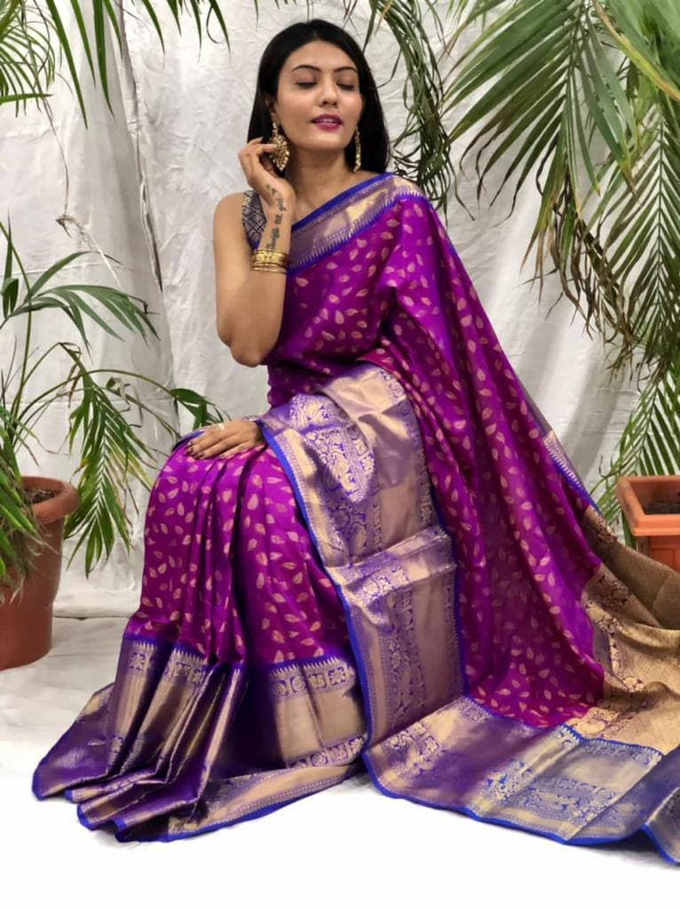 Dissemble Purple Banarasi Silk Saree With Rich Blouse Piece