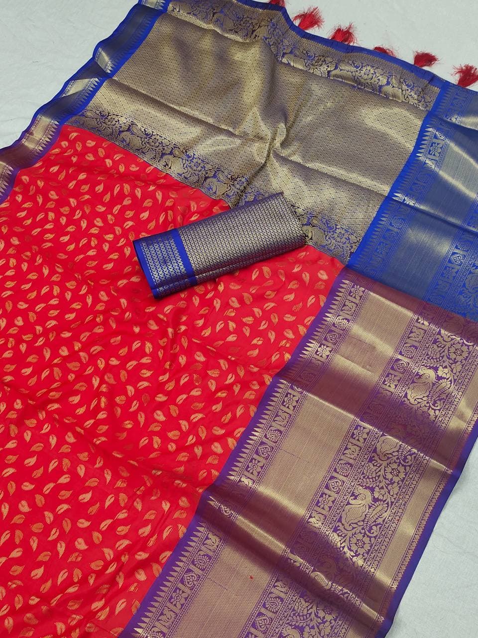 Diaphanous Red Banarasi Silk Saree With Rich Blouse Piece