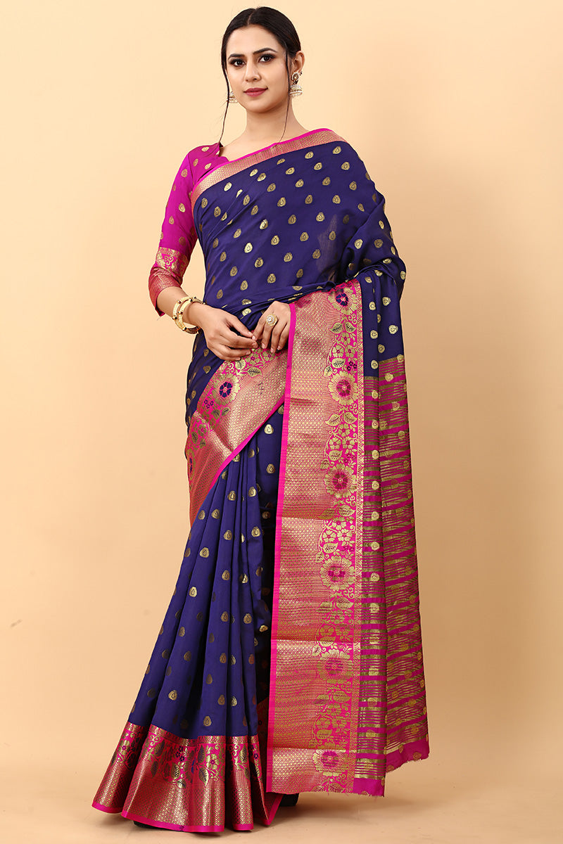 Exquisite Navy Blue Soft Banarasi Silk Saree With Panache Blouse Piece