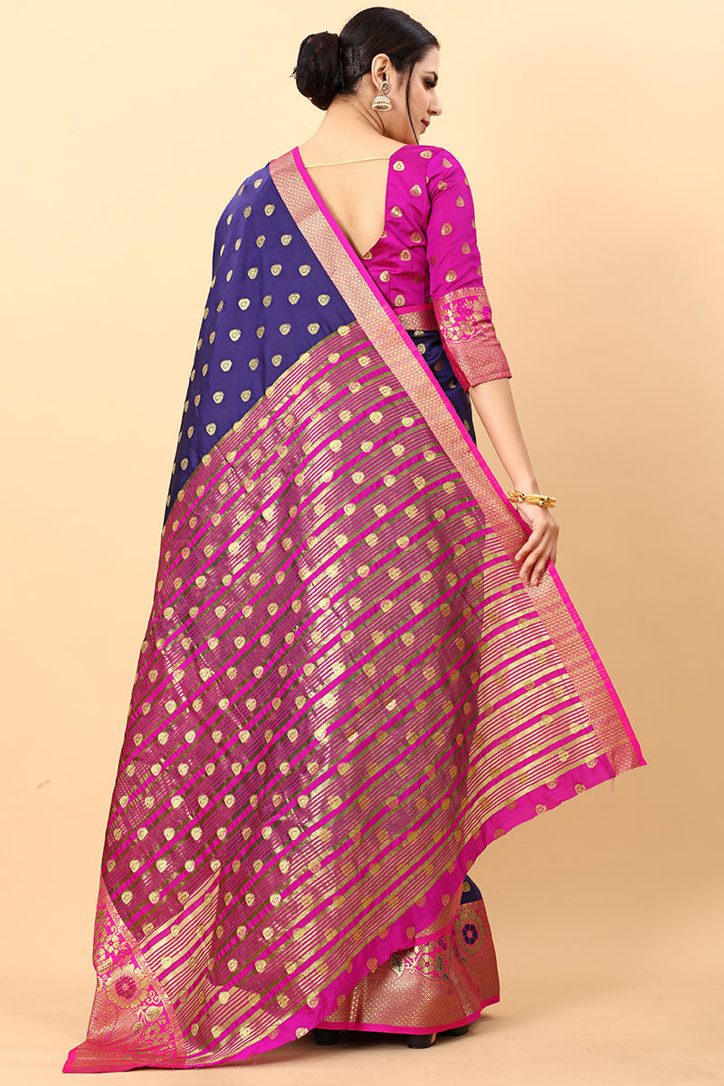 Exquisite Navy Blue Soft Banarasi Silk Saree With Panache Blouse Piece