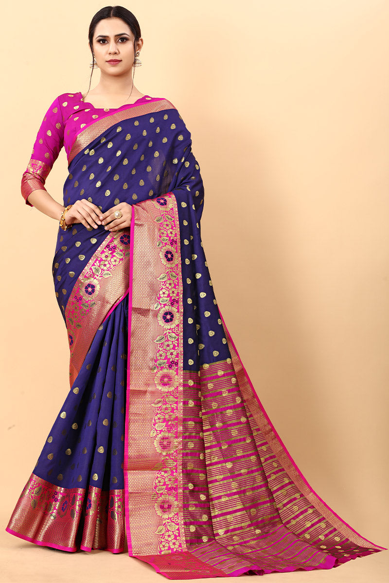 Exquisite Navy Blue Soft Banarasi Silk Saree With Panache Blouse Piece