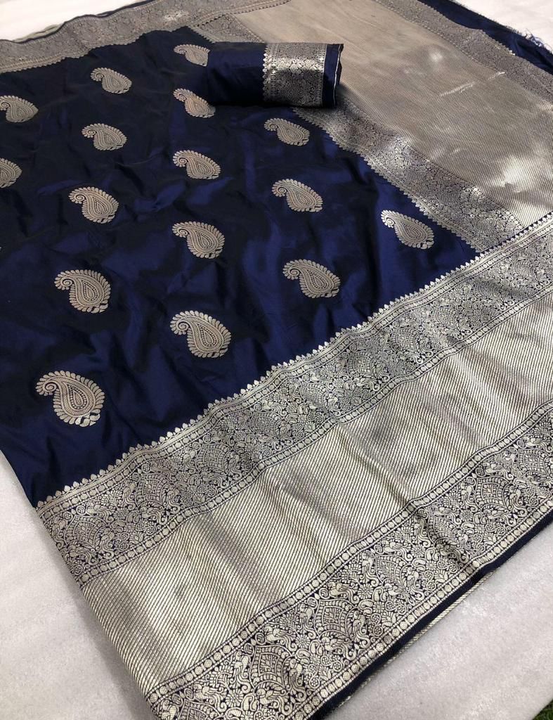 Delightful Navy Blue Banarasi Silk Saree With Adorabel Blouse Piece