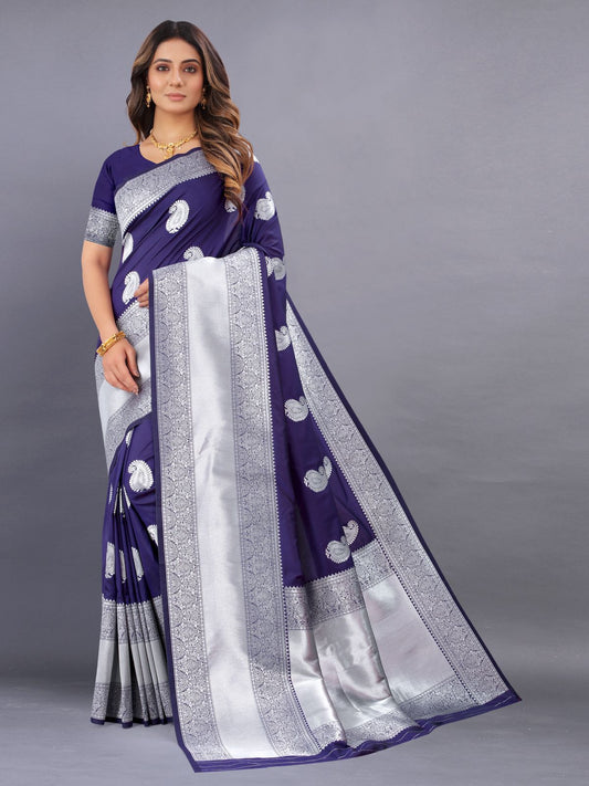 Delightful Navy Blue Banarasi Silk Saree With Adorabel Blouse Piece