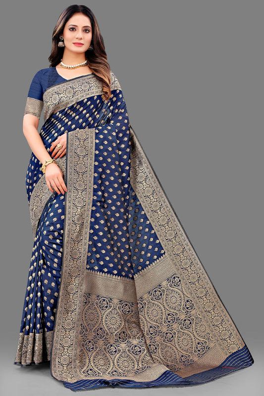 Efflorescence Navy Blue Soft Banarasi Silk Saree With Excellent Blouse Piece