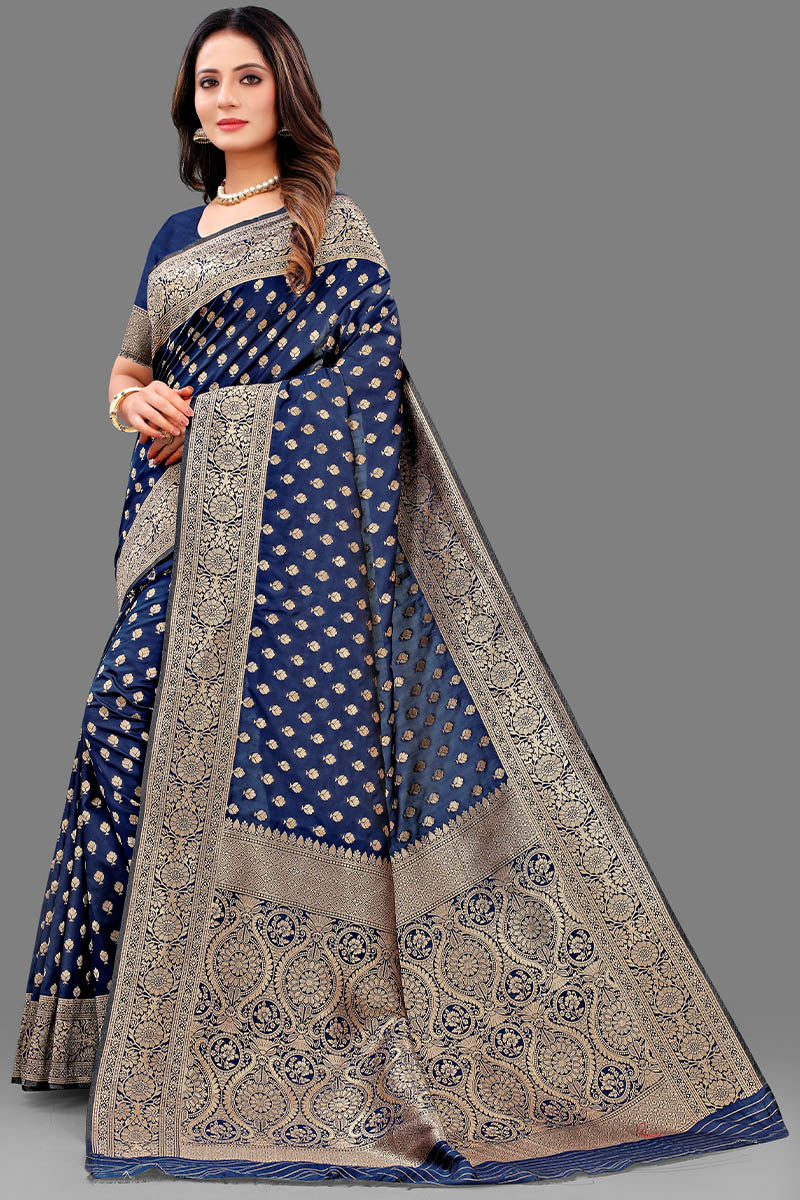 Efflorescence Navy Blue Soft Banarasi Silk Saree With Excellent Blouse Piece