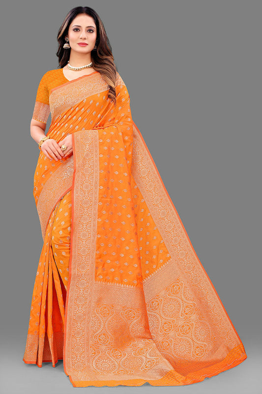 Exquisite Orange Soft Banarasi Silk Saree With Majesty Blouse Piece