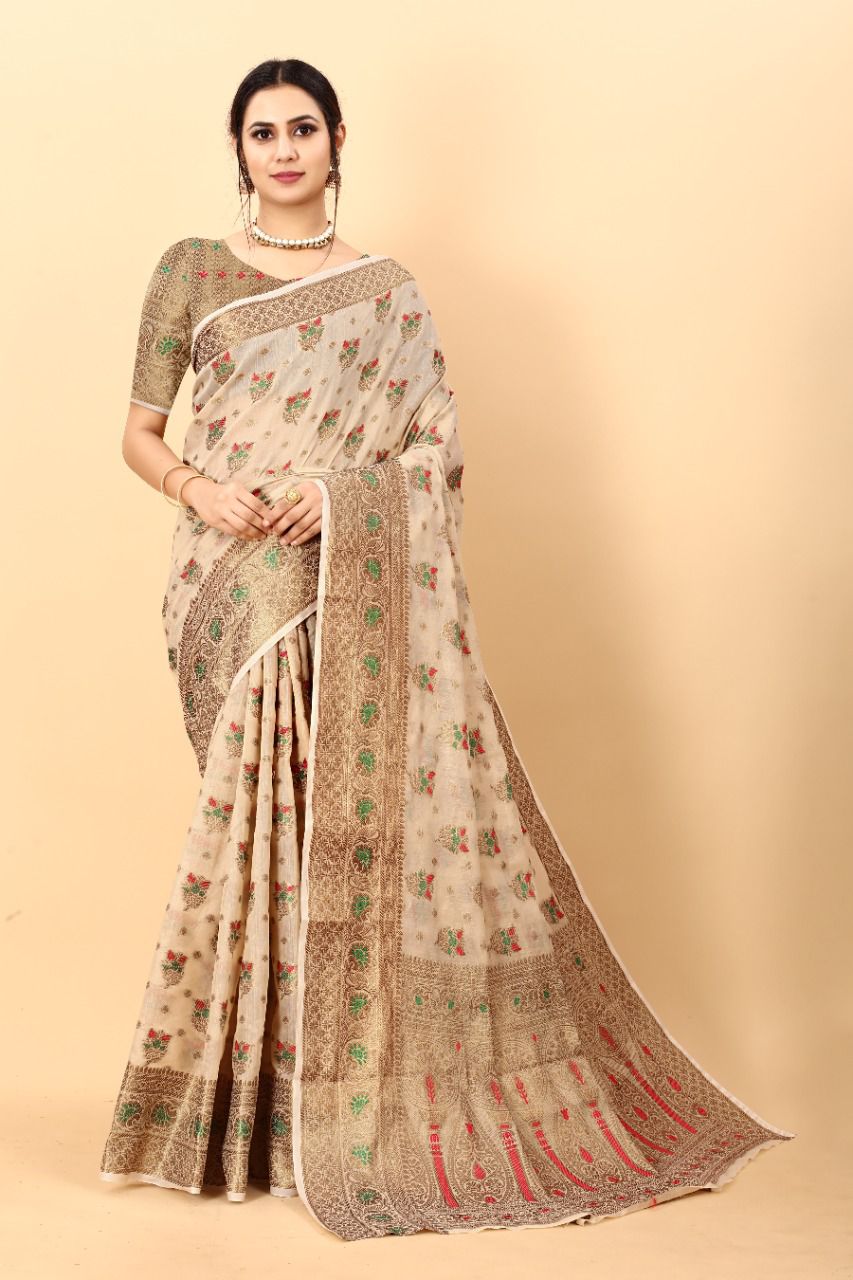 Ailurophile Beige Linen Silk Saree With Sizzling Blouse Piece