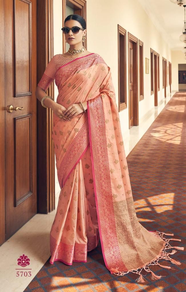 Dalliance Peach Banarasi Silk Saree With Lovely Blouse Piece