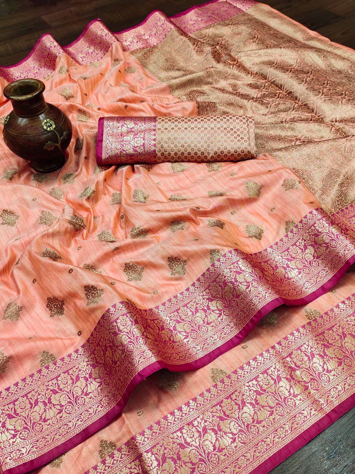 Dalliance Peach Banarasi Silk Saree With Lovely Blouse Piece