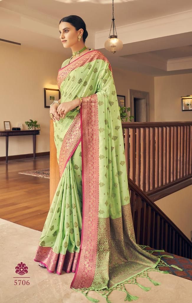 Demure Pista Banarasi Silk Saree With Lovely Blouse Piece