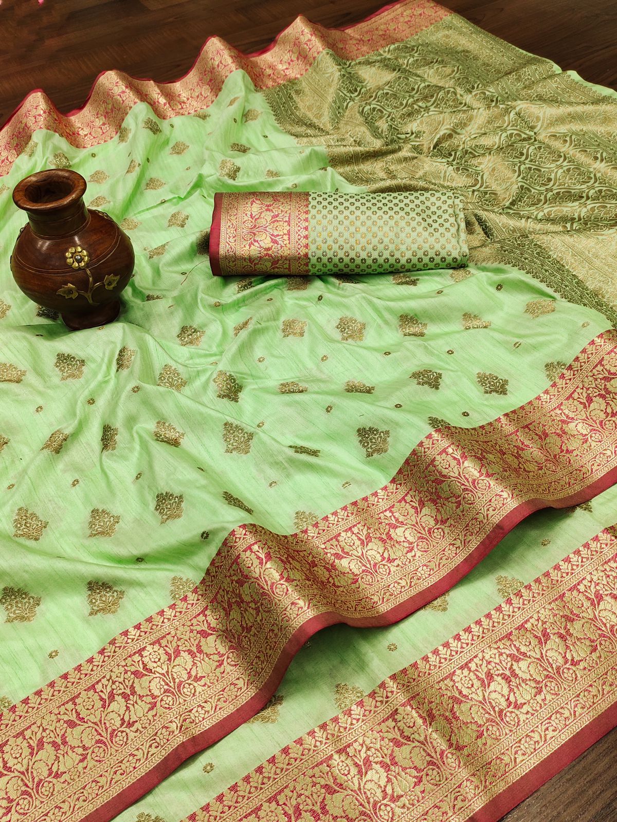 Demure Pista Banarasi Silk Saree With Lovely Blouse Piece