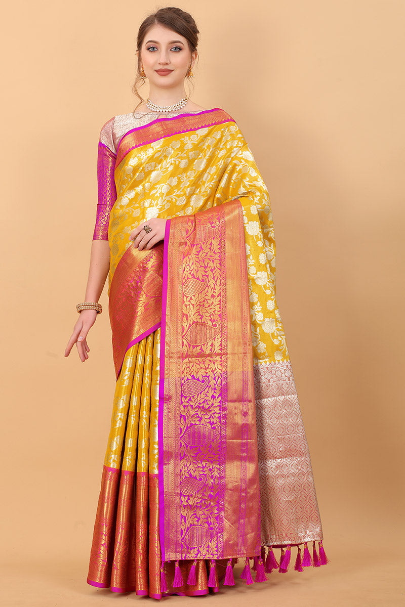 Grandiose Yellow Kanjivaram Silk Saree With Rhapsodic Blouse Piece