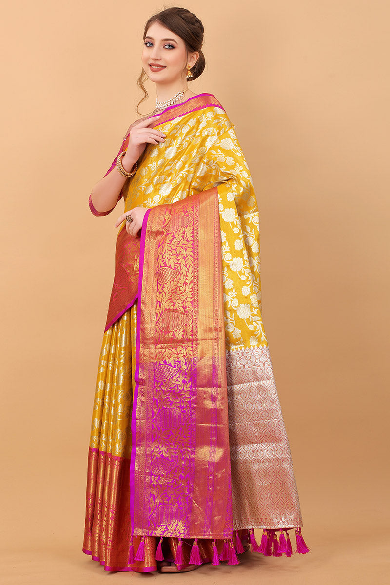 Grandiose Yellow Kanjivaram Silk Saree With Rhapsodic Blouse Piece