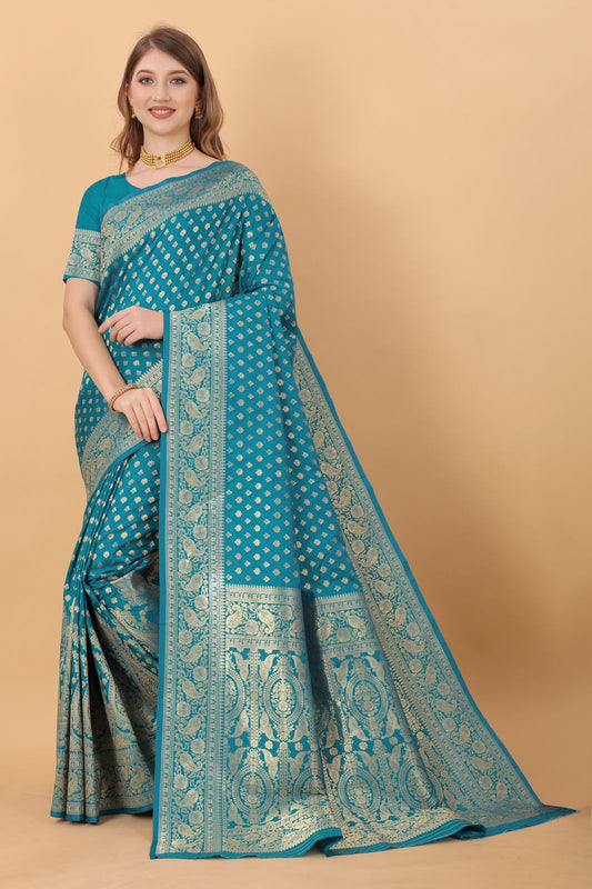 Delightful Firozi Banarasi Silk Saree With Panoply Blouse Piece