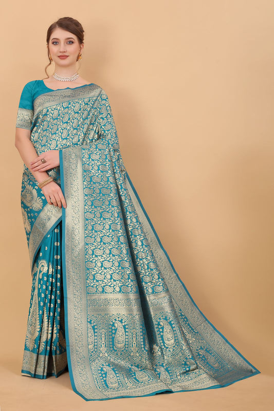 Exceptional Firozi Banarasi Silk Saree With Extraordinary Blouse Piece