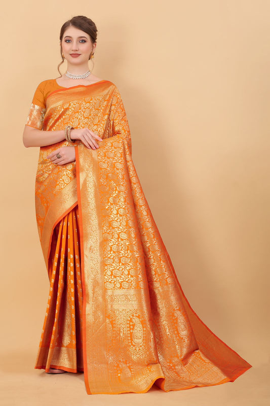 Majesty Mustard Banarasi Silk Saree With Extraordinary Blouse Piece