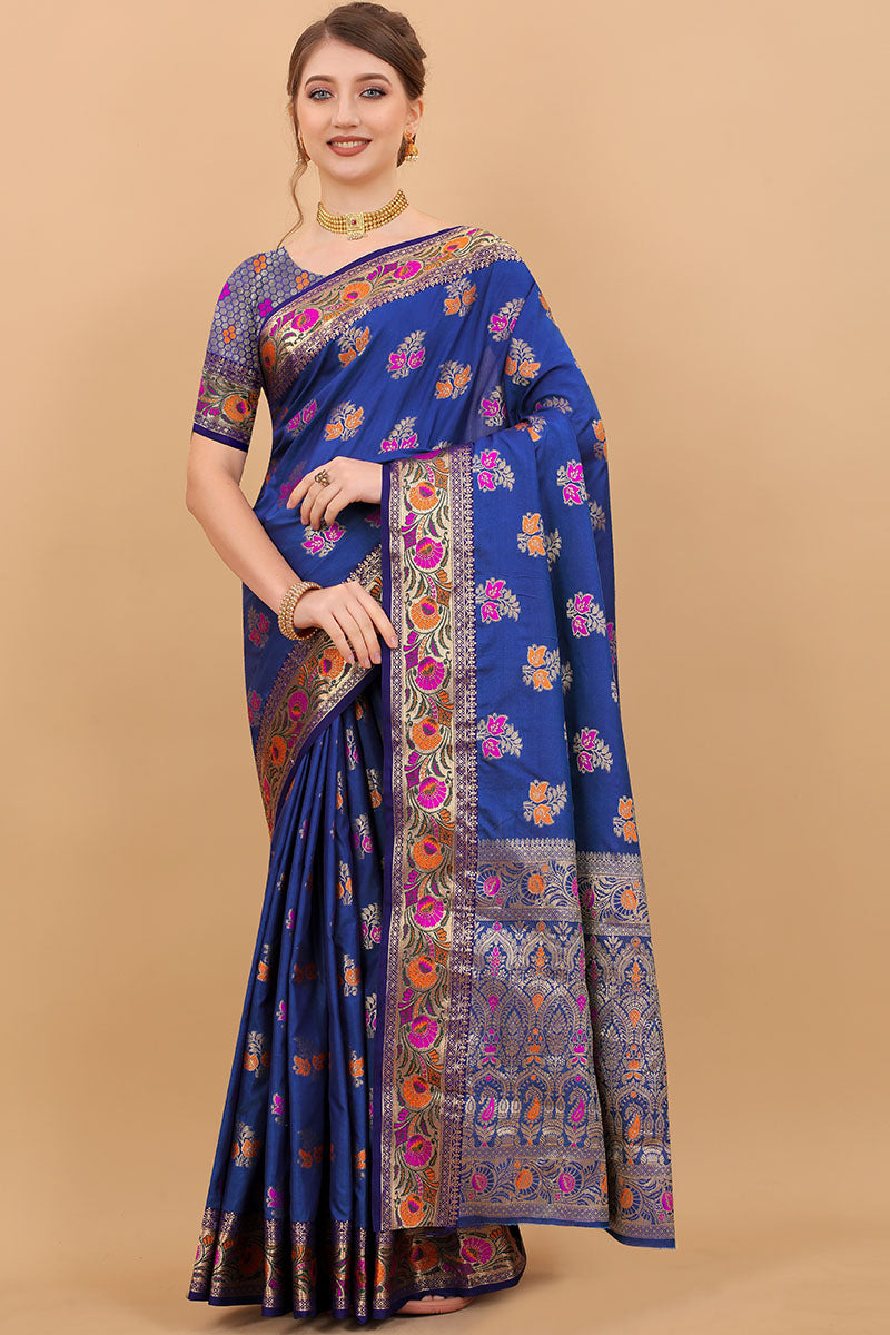 Classy Navy Blue Soft Banarasi Silk Saree With Pretty Blouse Piece