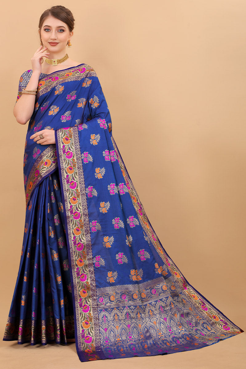 Classy Navy Blue Soft Banarasi Silk Saree With Pretty Blouse Piece